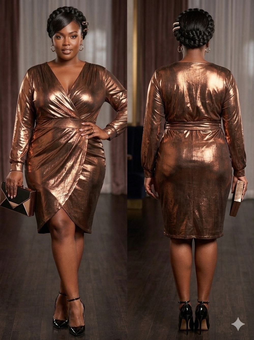 NWOT Metallic Bronze Wrap Dress - Women's V-Neck Long Sleeve